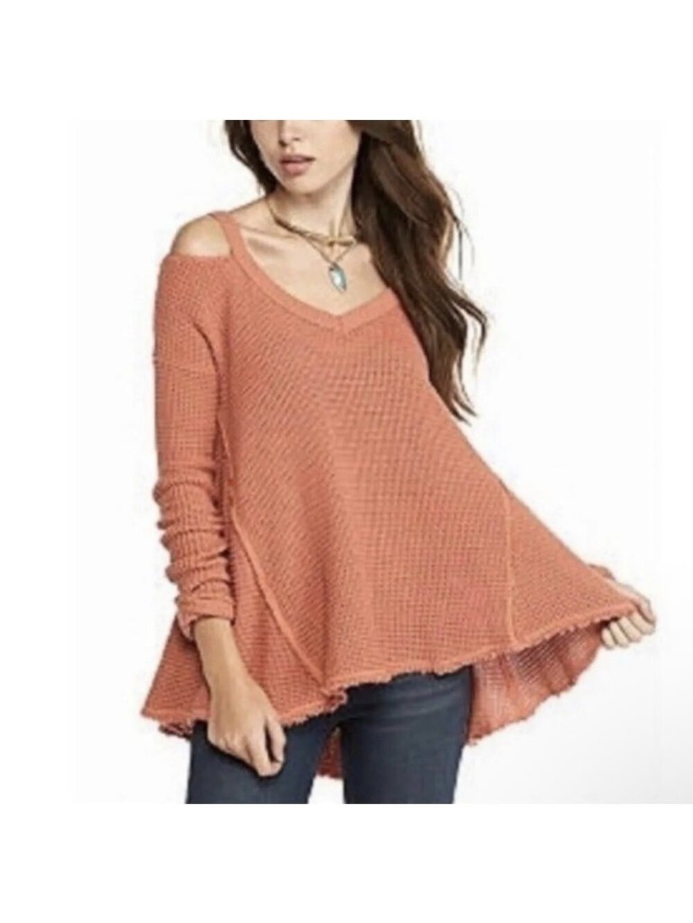 Free People Sunrise Sunset Peach Cold Shoulder Pullover Sweater Hi-Low Size XS